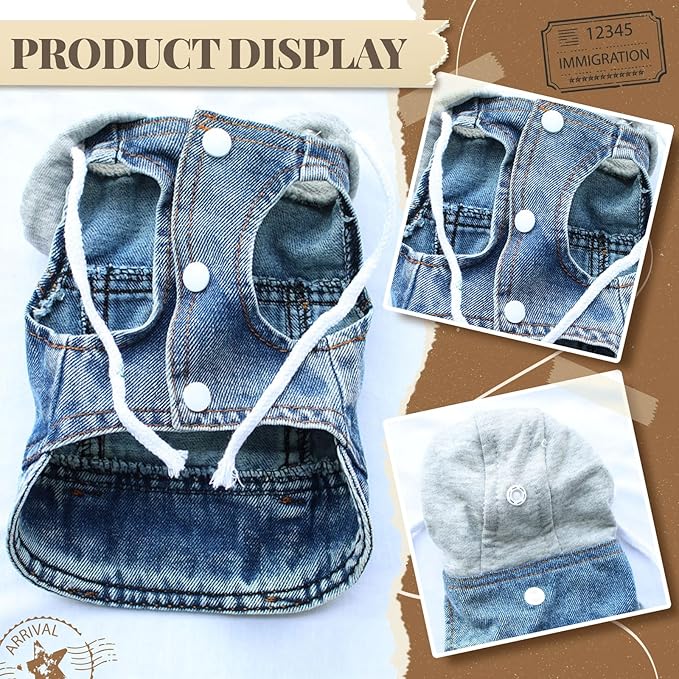 Cool Dog Jean Jacket Vest with D-Ring Blue Denim Dogs Hoodies Outfits for Small Medium Dogs Cats Boy Male Dog Clothes Costume Dogggie Puppy Harness Coat for Frenchie Walking(Grey Hat,M)