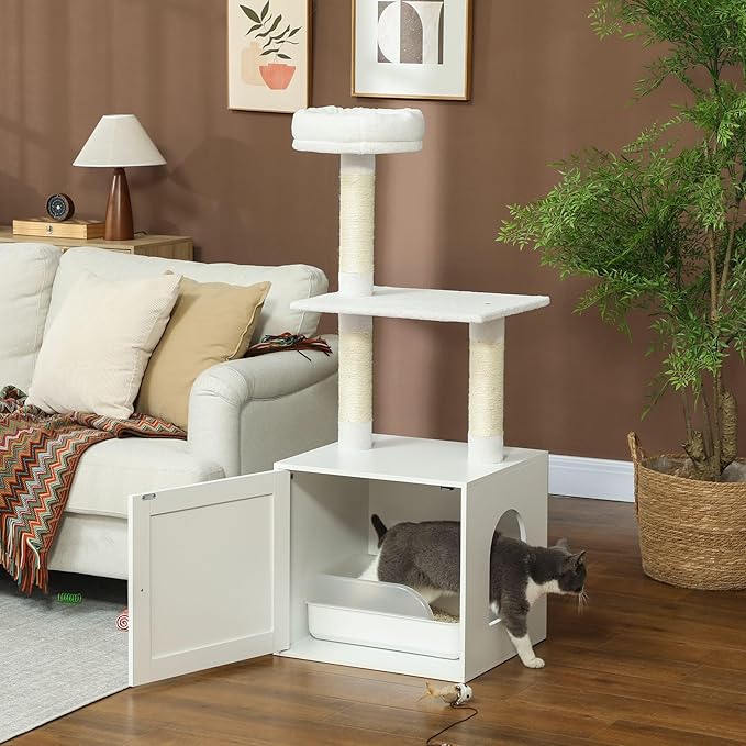 Elegant Multi-Tier Cat Tree with Privacy Litter Box, Premium Sisal Scratching Areas, Plush Bedding, Tiered Platforms - White