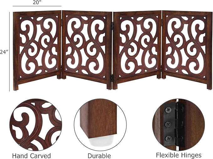 Wooden Foldable Pet Dog Safety Gate - 4 Panels Scroll 20 W x 24 H- Hand Carved Solid Wood & MDF- Free Standing Portable Indoor Doorway Hall Stairs Puppy Fence -Fully Assembled- Antique Brown -IRONGATE