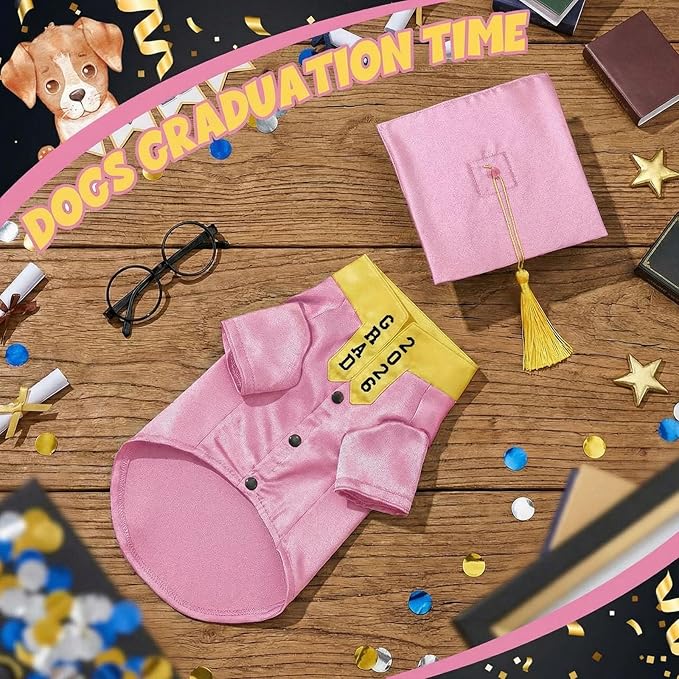 5 Pcs Dog Graduation Costume Set Include 2026 Pet Graduation Gown with Stole Puppy Grad Cap Lensless Glasses DIY Letter Stickers for Dogs Cats Holiday Costume Accessory(Pink Yellow,S)