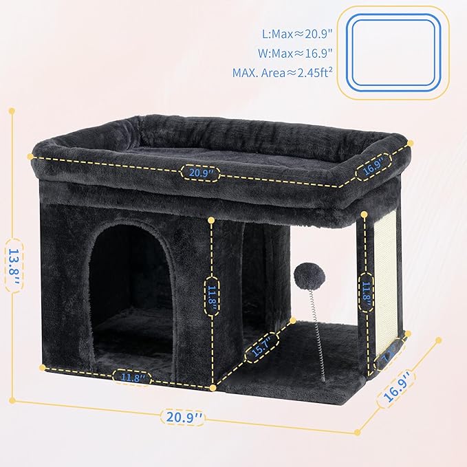 Heybly Cat Tree, 14 inch Cat Tower with Large Perch Bed and Cat Condo for Indoor Cats Large Adult, Cat House with Scratching Posts and Interactive Spring Balls for Your Kittens, Smoky Gray HCT203SG