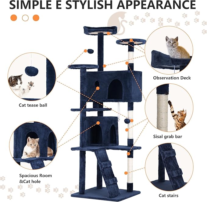 70 Inch Cat Tree Tower - Multi-Level Kitten Condo with Scratching Post, Plush Perch, Dangling Ball - Heavy Duty for Large Cats - Navy Blue