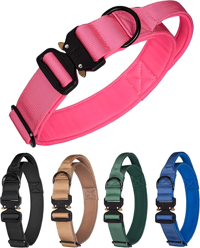 Tactical Dog Collar for Medium Large Dogs, Heavy Duty Dog Collars with Handle, Metal Buckle Dog Training Collar, Thick Large Military Dog Collar for Male. (M, Magenta)