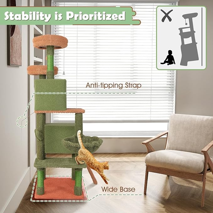 PETSITE 63 inch Cactus Cat Tree Tower, Multi-Level Cat Tower with Sisal Scratching Posts, Sisal Ladder, Hanging Balls, Cat Condos and Side Basket Bed, Cute Cat Tree for Indoor Cats