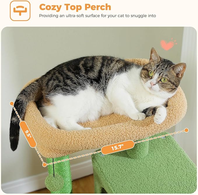 PETEPELA 45.7" Cat Tree for Indoor Cats, Cactus Cat Tower for Large Cats with Metal Frame Large Hammock (17.3"x15.3"), Cat Condo with (18.5"x13") Big Top Perch & 4 Sisal Covered Scratching Posts,Green