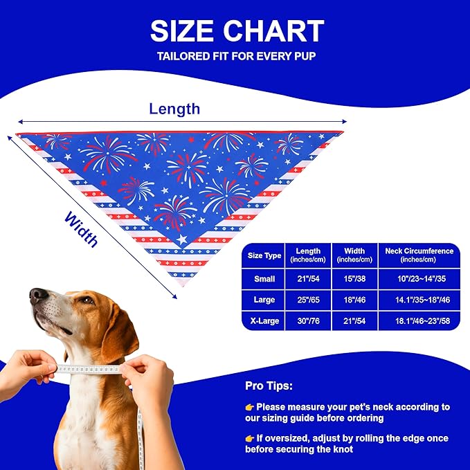 4th of July Dog Bandana for Large X-Large Dogs - Double-Sided Patriotic USA Flag Fireworks Stars Tie-On Scarf, Red White Blue for Boy or Girl Pups, 18-23" Neck