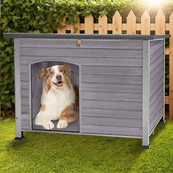 43.3’’ Large Dog House Outdoor Weatherproof Dog Kennel with Upgraded Thickened Metal Frame, Dog Shelter with PVC Curtain, Openable Roof and Removable Floor, Easy to Clean (Grey)