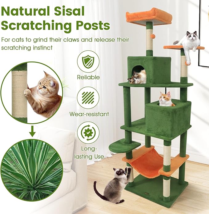 PETSITE Multi-Level Cat Tree, 75 Inches Tall with Sisal Scratching Posts, 2 Condos, Hammock, Dangling Balls, and Cozy Top Perch, Ideal for Indoor Cats to Play and Rest (Green)