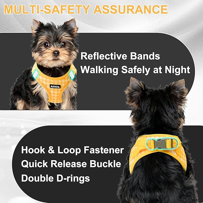 AIITLE Adjustable Dog Harness and Leash Set, Step in No Pull Pet Harness, Soft Mesh Reflective Plaid Vest Harnesses for Small Dogs Puppy and House Cats Outdoor Walking Running Yellow XS