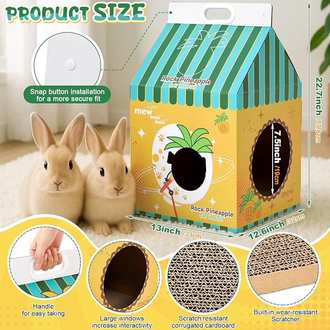 22.7'' x 13'' x 12.6'' Cardboard Bunny Hideout with Scratcher, Cardboard Cat House, Milk Carton Pineapple Room, Playhouse for Small Animals