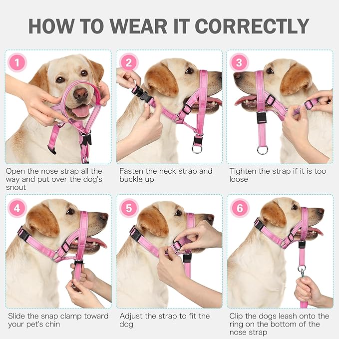 Weesiber No-Pull Dog Head Halter - Adjustable Dog Muzzle Leash, Padded Head Collar for Dogs to Prevent Heavy Pulling On The Leash(Pink,L)