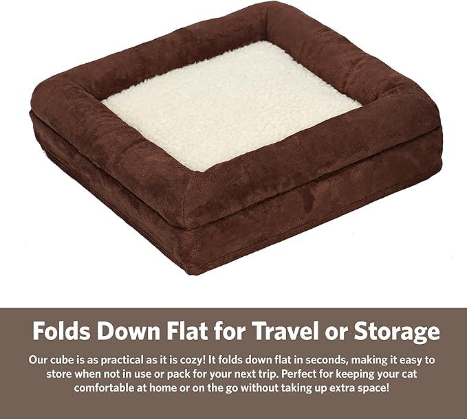 MidWest Homes for Pets Feline Nuvo Curious Cat Cube, Foldable Pet Hideout with Toy, Bolstered Bed Top, Faux Brown Suede, Synthetic Sheepskin