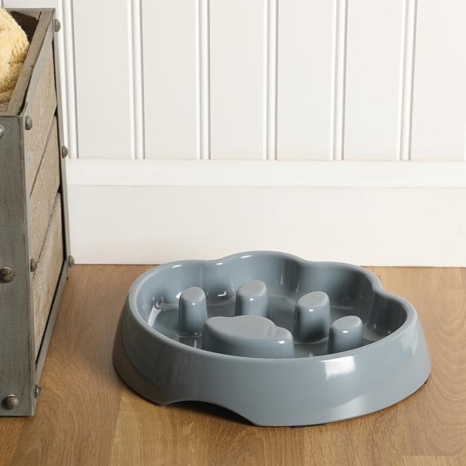 Gibson Home Curious Canines 9” Slow Feeder Dog Bowl, Paw Shaped Melamine Anti-Gulp Pet Bowl, Non-Slip, Dishwasher Safe, Blue