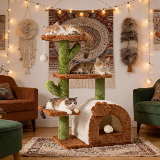 Cactus Cat Tree for Indoor Cats, 27.5'' Small Cat Tower with Cozy Condo, Wide Top Perch Multi-Level Climbing and Lounging Space, Brown