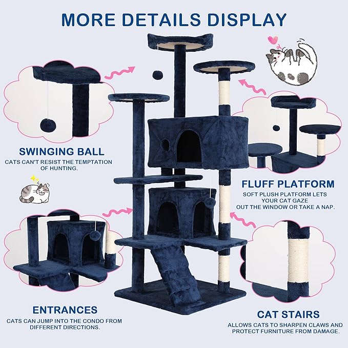 Cat Tree, 54'' Tall with 3 Scratching Posts, 3 Platforms, 2 Condos, for Indoor Cats