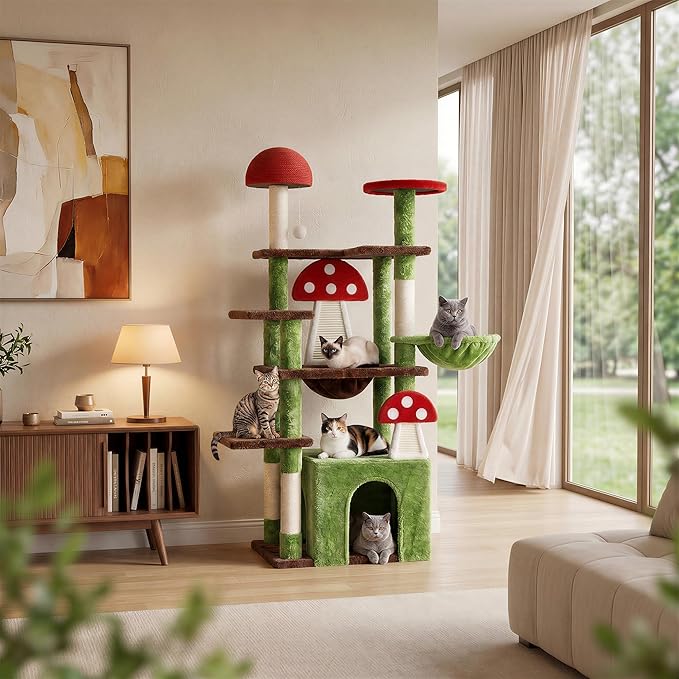 IRONCK Mushroom Cat Tree for Indoor Cats, 58" Multi-Level Cat Tower with Scratching Posts, Anti-Tip Extra Wide Base, Plush Cat Condo & Hammock Furniture for Cats, Easy Assembly