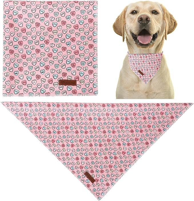 Valentine Dog Bandana - Pink Heart Triangle Bid Scarf for Small & Medium Dogs, Cotton Kerchief for Girls & Boys, Red & Adorable Puppy Bandana