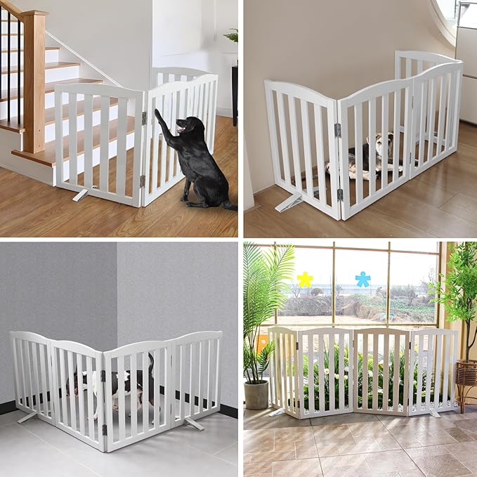 Freestanding Dog Gate Indoor, Doggie Gate Foldable Dog Gates for Doorways,Stairs or Hallways, Wooden White Pet Gate for The House, Pet Fence with Support Feet Included,24 "Height-2 Panels