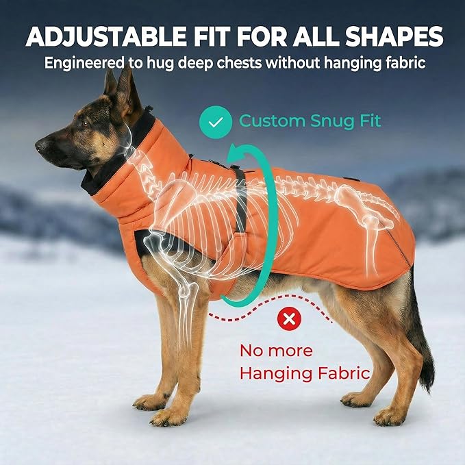 Dog Winter Coat, Warm Puffer Jacket with Fur-Safe Buckle & Leash Hole for Cold Weather, Water-Repellent Snow Vest, Breathable Thermal Apparel for Hiking & Active Dogs (Aurantium, Large)