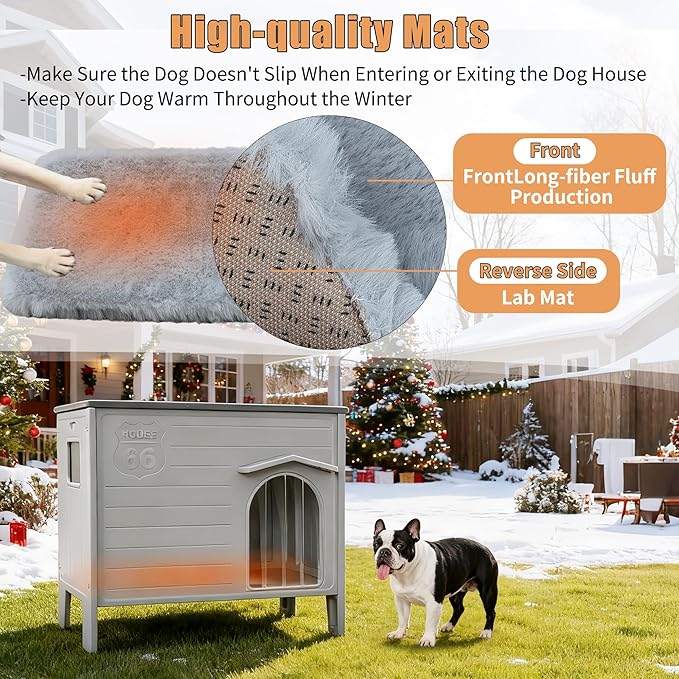 Waterproof Dog House for Outdoor Indoor,Durable Plastic Dog House with Warm Mat Side Window Elevated Floor, Easy to Assemble Easy to Clean((26.7" L x 26.7" W x 21.4" H) - Grey