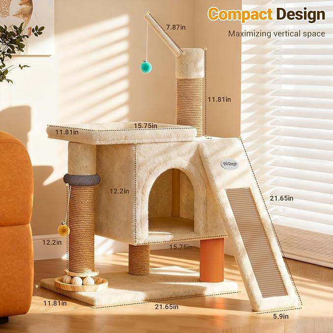 【SteadyCore】 PetDance All-in-1 Cat Tree Tower with Heavy Duty Board, Solid-Wood,Small Cat Tower with Multiple Fun:Interactive Track Ball Toy & Self-Grooming Brush for Indoor Cats,Beige
