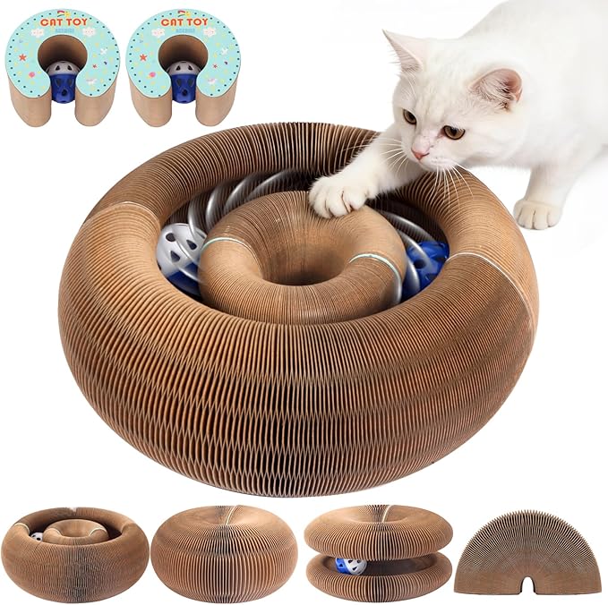 2Pack Extensible Extensible Cat Scratcher Cardboard Toy | Magic Accordion Scratching Pad with Bell Ball - Foldable & Reversible Interactive Kitty Play for Indoor Cats