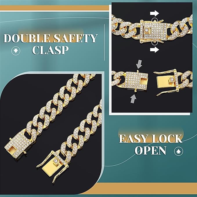 Xuniea 2 Pieces Cat Dog Chain Collar and Sunglasses Set Rhinestone Necklace with Secure Buckle Round Glasses for Doll Cat Dog Pet Accessories(18 Inch,Gold, Black)