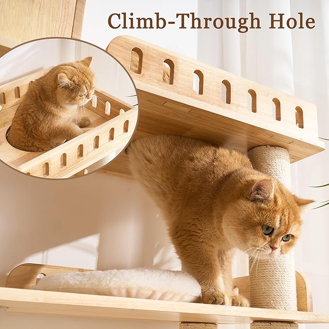 Modern Solid Wood Cat Tree Tower for Indoor Cats Large Adult, 58 inch Corner Cat Tree with Cat House, Luxury Aesthetic Cat Tree with Space Capsule, Large Perch, Sisal Scratching Pad Post