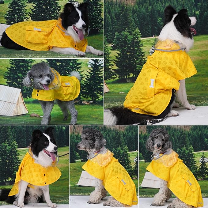 Dog Raincoat,Waterproof Rain Poncho with Hoodie, High Reflective Adjustable Pet Rain Jacket with Leash Hole for Small Medium and Large Dogs (Yellow(Water-Reactive Hydrochromic), Medium: 13-22lbs)