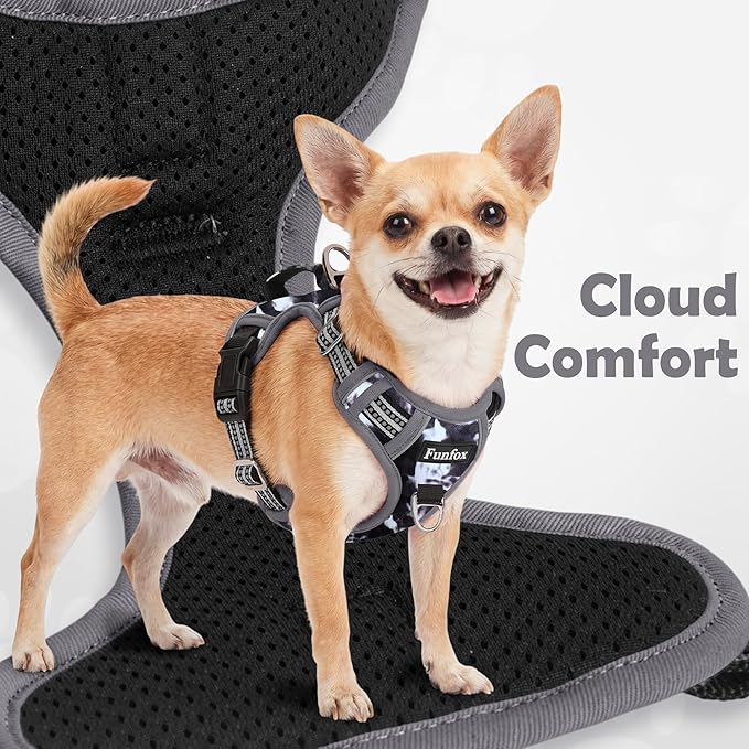 Funfox Dog Harness No Pull, Adjustable Pet Vest Harness, Super Soft Material with Vertical Handle Easy Control, Reflective Night Walking, 2 Leash Clips for Small Sized Dogs, Misty Gray, S