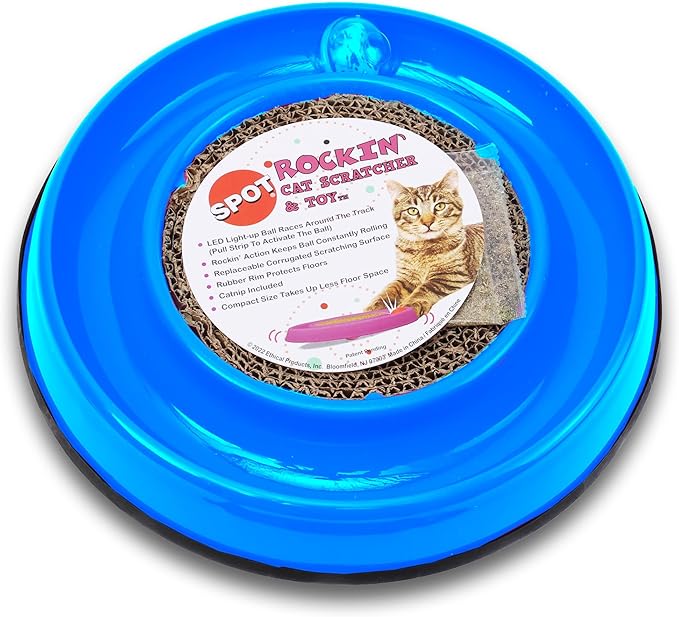 SPOT Rockin’ Cat Scratcher Toy – Interactive LED Light-Up Ball Cat Toy, Corrugated 5-Inch Cardboard Scratching Pad with Catnip Bag for Claw Care & Play, Non-Slip Rubber Base, 10-Inch, 1-Piece
