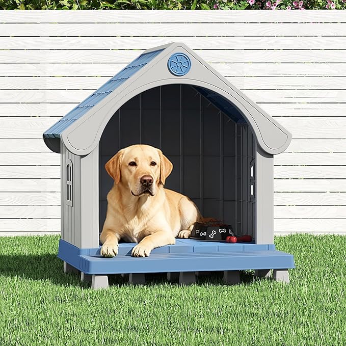 Fancyango Large Dog House Outdoor Indoor, Sturdy Plastic Waterproof Doghouse with Air Vents and Elevated Floor, Easy Clean and Assemble for Medium Large Dogs (Blue, 33" L×31.5" W×38" H)