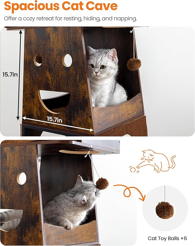 Modern Wood Cat Tree for Indoor Large Cats, 56 Inch Tall Cat Tower with Perch Bed, Multi-Level Trees with 2 Hammock, Cat Condo, Scratching Board, Removable Pads, Cat Furniture, Rustic Brown
