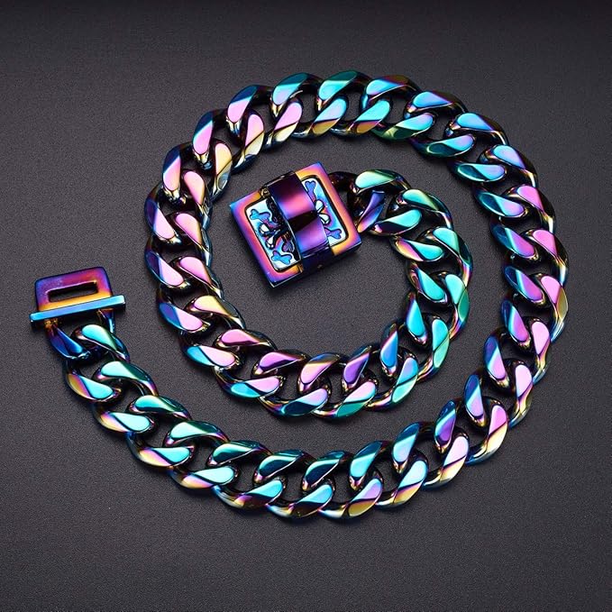 19 mm Dog Collar Rainbow Heavy Duty Stainless Steel Dog Colorful Luxury Training Collar Cuban Link with Durable Clasp Necklace Chain