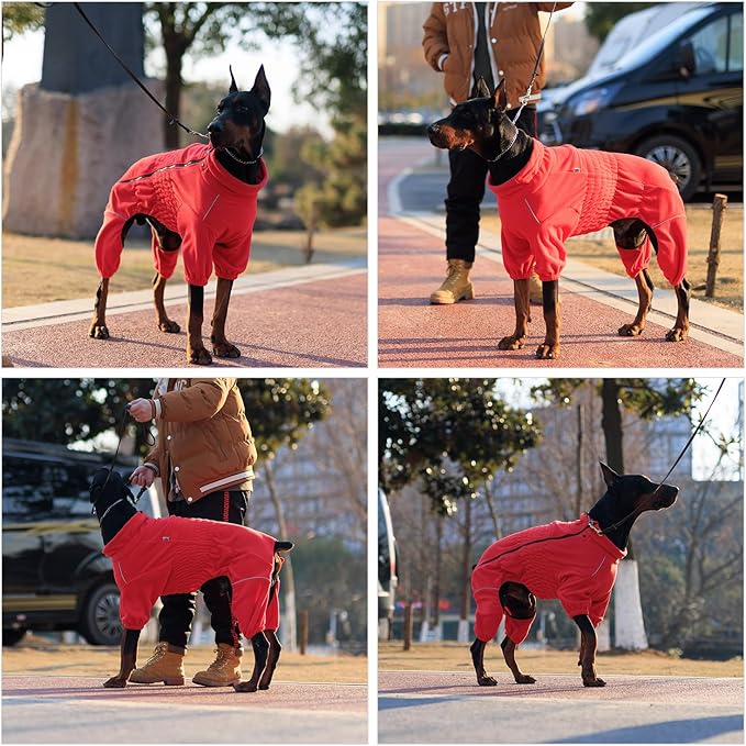 Lovelonglong Warm Dog Coat, Windproof Dog Jacket for Small Medium Large Dogs, 4 Legged Fleece Dog Winter Coat Zippered Closure Dog Outdoor Jacket Red S