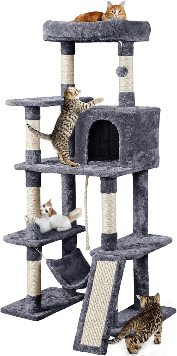 Topeakmart 63in Cat Tree, Large Cat Tower Furniture with Cat Condo, Padded Platform & Sisal-Covered Scratching Post, Stable Cat Tower Pet Play House