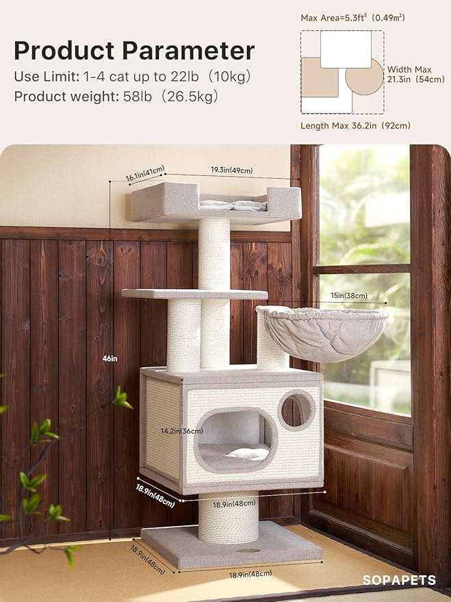 Sopapets Maine Coon Cat Tree Tower for Indoor Cats Large Adult,44.5 Inch Tall Unique Modern Cat Tree with Hammock,Sisal Scratching Post,Big Condo,Perch,Bed,Heavy Duty Luxury Sturdy Cat House,Furniture