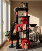 Heavy Duty Cat Tree for Indoor Cat, 74 Inch Cat Tower with Scratching Post, Hanging Basket, Cat Condo with Large Platform for Large Cats, PMT04RD, Black Red