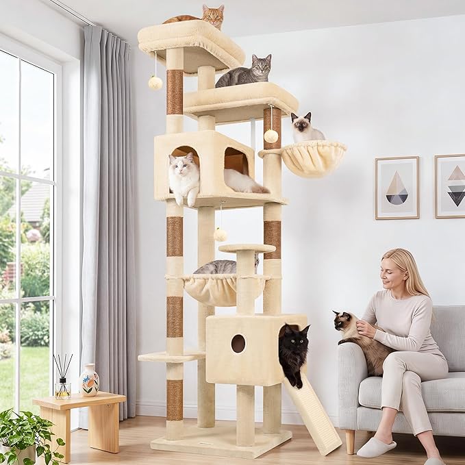 Globlazer 80 Inch Cat Tree for Large Cats, Stable Multi-Level Cat Tree with 2 Condos & Sisal Scratching Posts for 2-3 Cats, Thickened Base Space Saving Cat Tree Tower, F80G, Beige