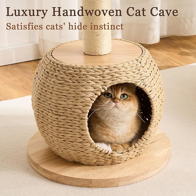 Modern Solid Wood Cat Tree Tower for Indoor Cats Large Adult, 30 inch Corner Small Cat Tree with Handmade Rattan Cat Bed, Luxury Aesthetic Cat Tree with Rattan Cave, Scratching Post
