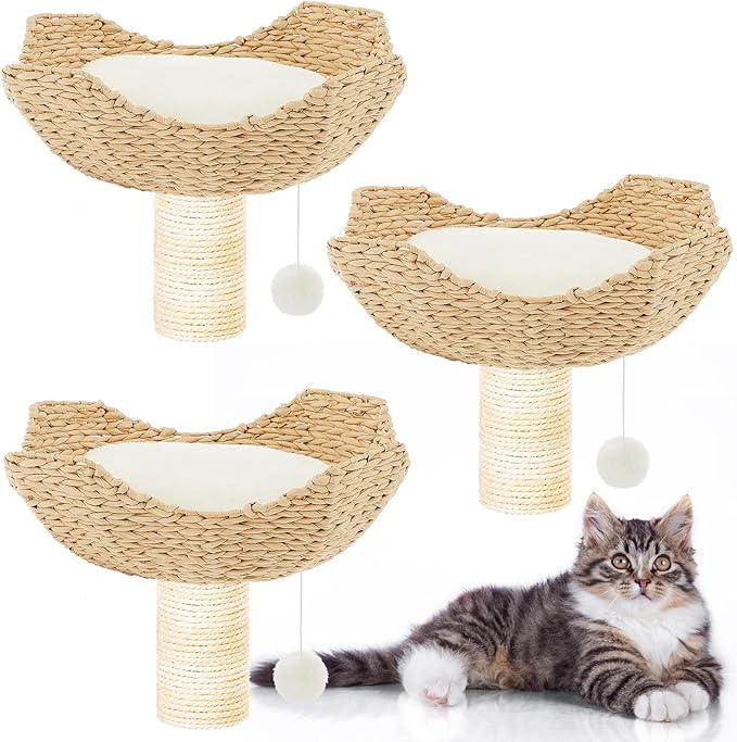 3 Set 18" Cat Tree Tower Replacement Parts Add ons Accessories Set Wicker Basket Beds Rattan Cat Tree Handwoven Rope Nest Bowl Screws Bottom Plate with Furry Balls and Soft Cushion