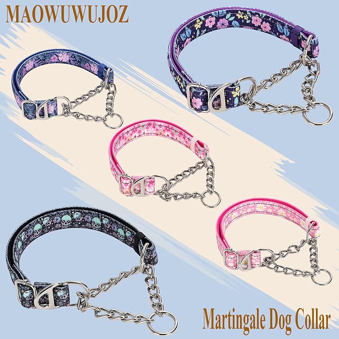 Martingale Dog Collar with Steel Chain, Reflective Choke Collar with Soft Padded- Adjustable No Pull with Bohemia Flower for Training Large Dogs Pet Collars for Walking（L