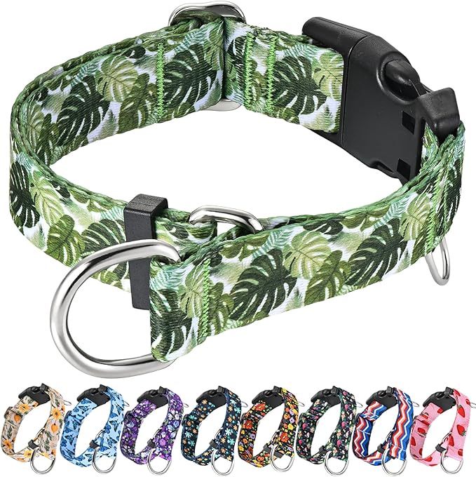 Dog Collar Martingale with Buckle Adjustable Nylon Tropical No Pull Anti Escape Training Dog Collars (Palm Leaf, Small)