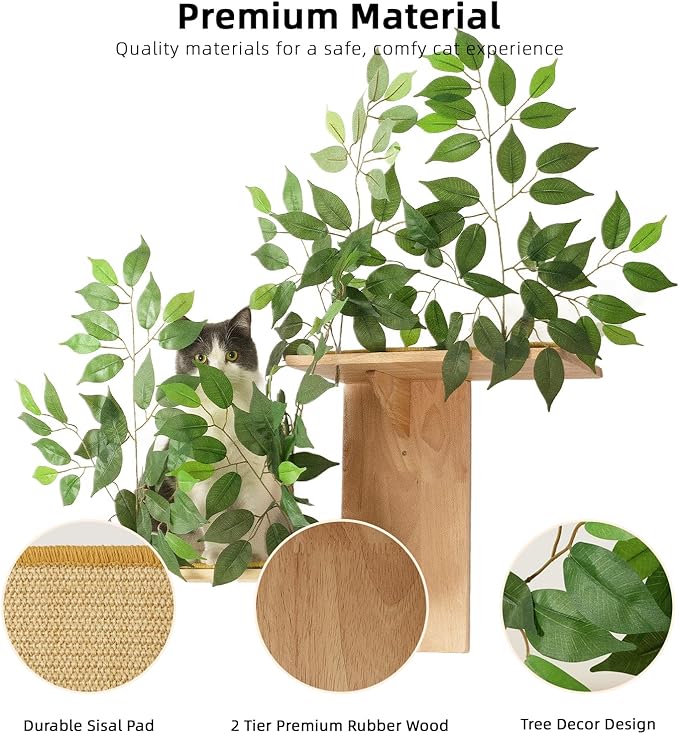 Meowoou Cat Wall Shelves with Leaves, 2 Platform Cat Wall Furniture, Cat Tree Shelves, Rubber Wood Wall Perch with Mat, Bridge for Climb, Nap, Play, Decor