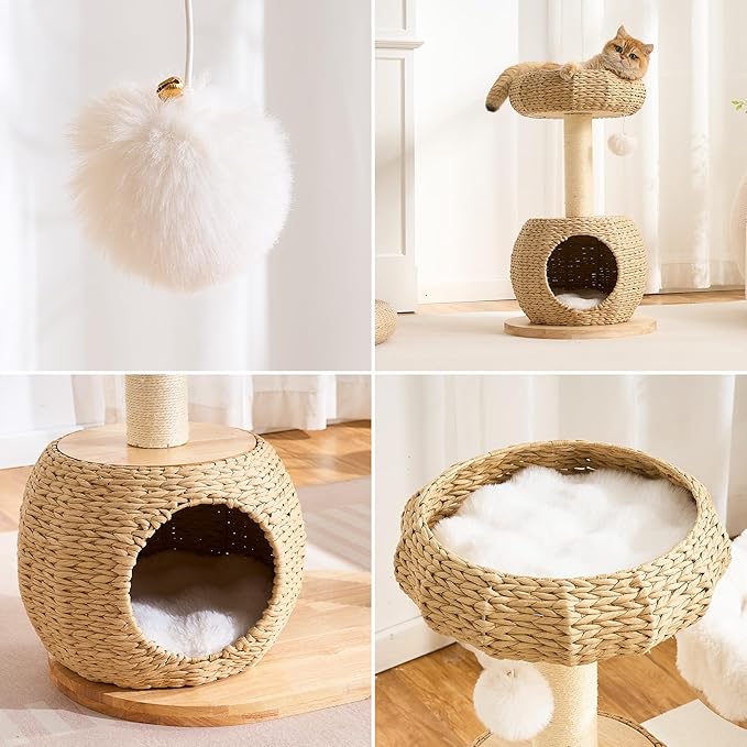 Modern Solid Wood Cat Tree Tower for Indoor Cats Large Adult, 30 inch Corner Small Cat Tree with Handmade Rattan Cat Bed, Luxury Aesthetic Cat Tree with Rattan Cave, Scratching Post
