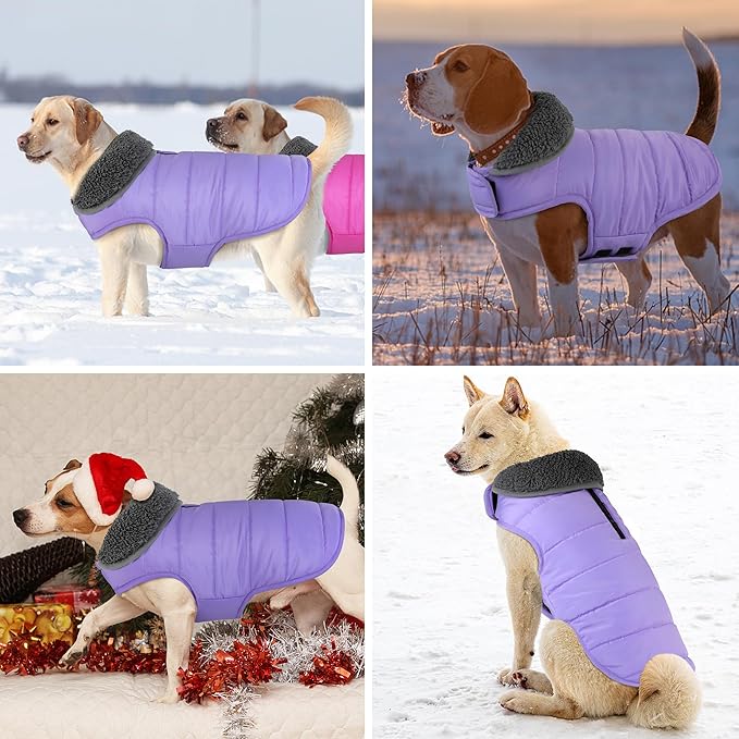 Dog Winter Coat, Waterproof Dog Jacket with Leash Hole, Reflective Adjustable Pet Snow Vest, Warm Fleece Sweater for Small Medium Large Dogs - Light Purple, S