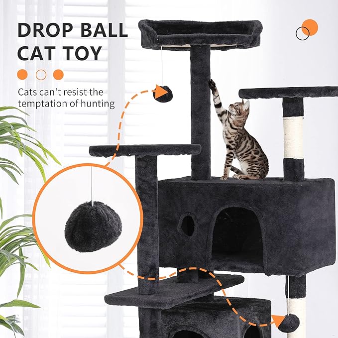 70 Inch Cat Tree for Indoor Cats - Multi-Level Tower With Scratching Post, Condo, Plush Perch, Dangling Ball - Heavy Duty for Large Cats, Ashy