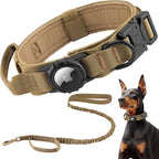 Tactical AirTag Dog Collar Leash Set - Heavy Duty, Adjustable GPS Collar Compatible with Apple AirTag, with Holder & Control Handle for Medium/Large Dogs [ Brown, M ]