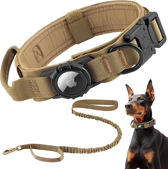 Tactical AirTag Dog Collar Leash Set - Heavy Duty, Adjustable GPS Collar Compatible with Apple AirTag, with Holder & Control Handle for Medium/Large Dogs [ Brown, M ]