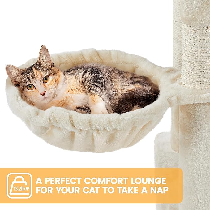 Topeakmart Cat Tree, 82.5in Climbing Tower with 2 Kitten-Ear-Style Top Perches, Hammock, Basket, Scratching Posts, Multilevel Pet Furniture Activity Center for Indoor Felines, Beige